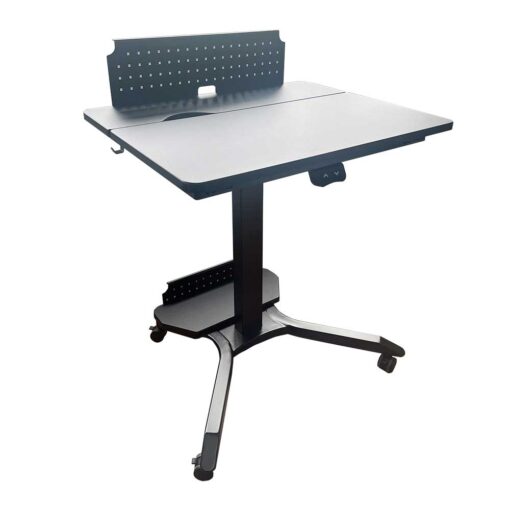 Elevate Mobile Sit Stand desk with black top and black frame.